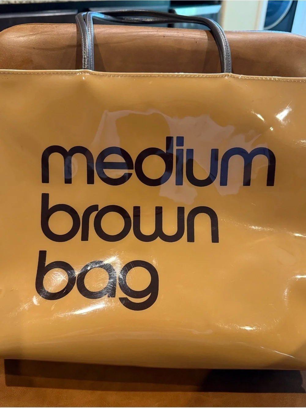Bloomingdales Medium Brown Bag Tote PVC Reusable Shopping Bag Glossy Zip Top